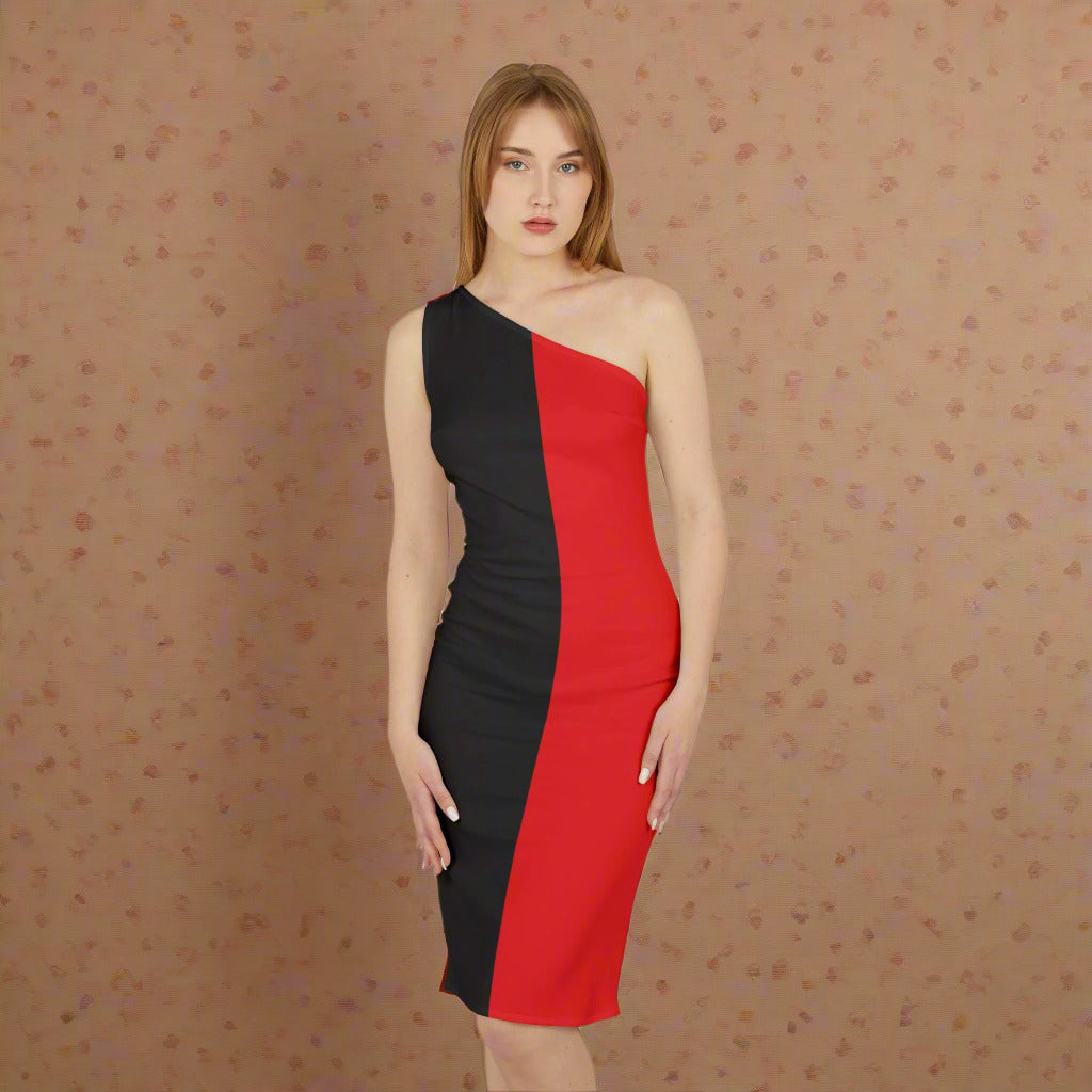One-Shoulder Color Block Bodycon Midi Dress