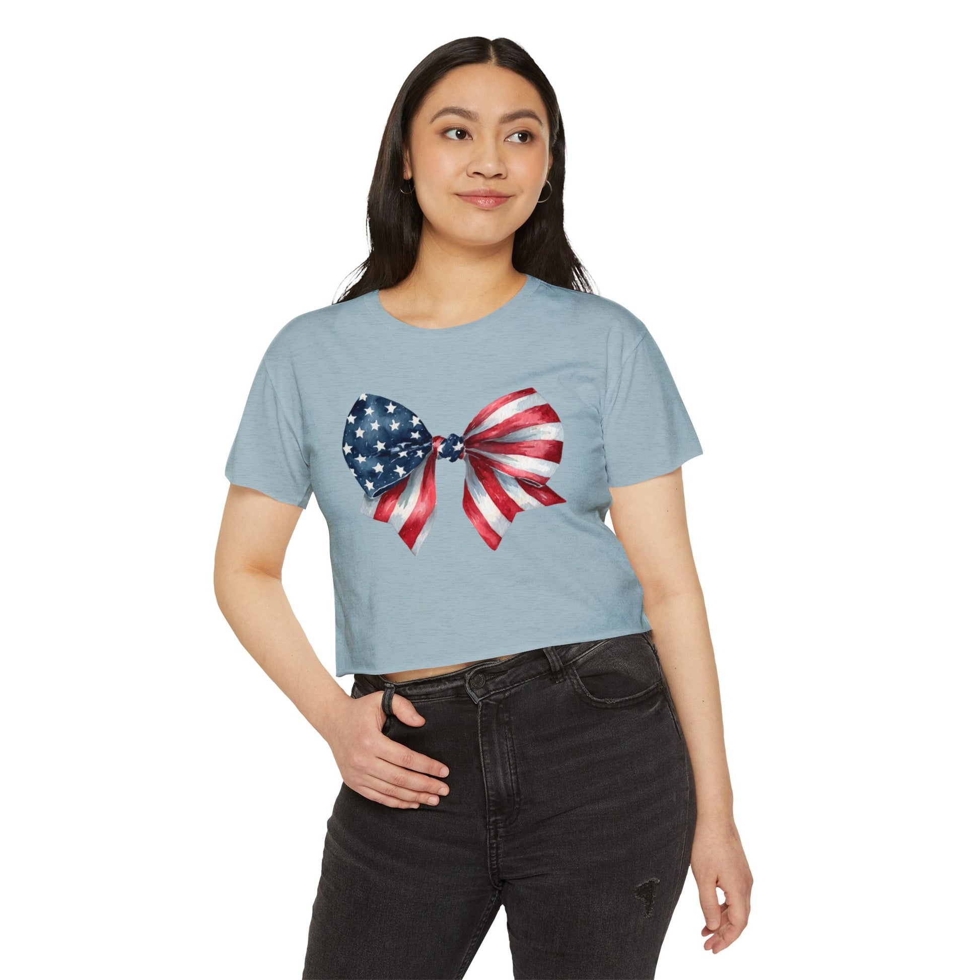 All-American Sweetheart Bow Crop 🎀 – Cute USA Flag Shirt for 4th of July Fun