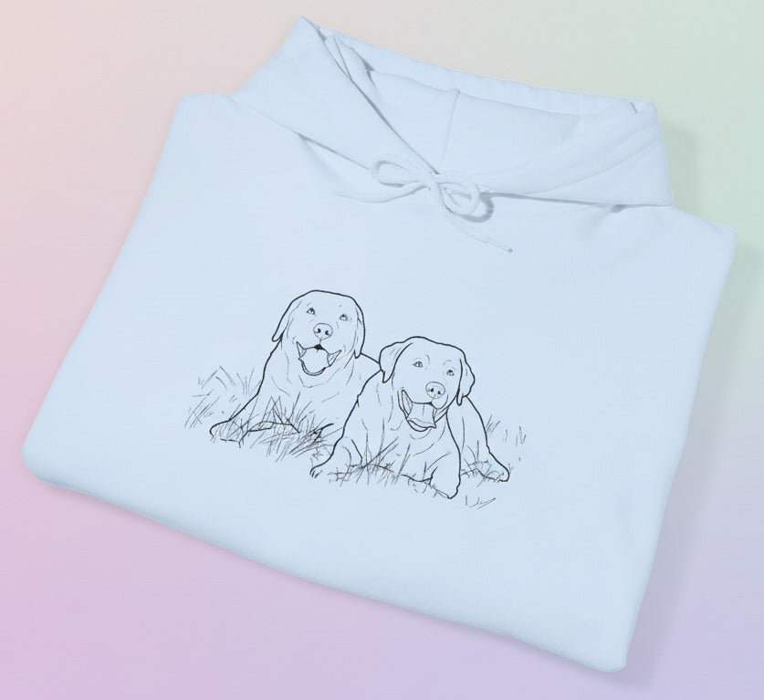 Light blue hoodie with a printed design of two dogs on a pastel background