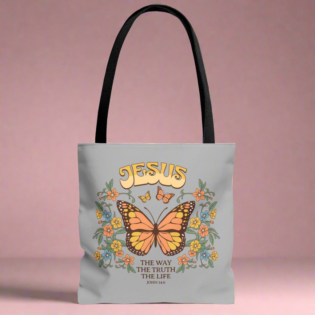 "Jesus: The Way, The Truth, The Life" Butterfly Christian Tote Bag - Faith-Inspired Eco-Friendly Carryall