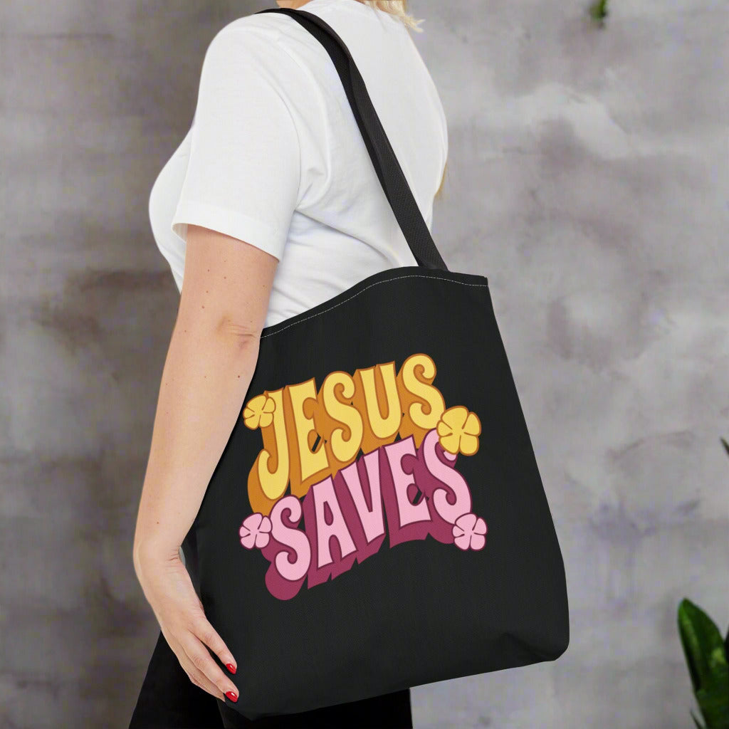 "Jesus Saves" Retro Christian Tote Bag - Stylish Eco-Friendly Shopper for Faithful Souls