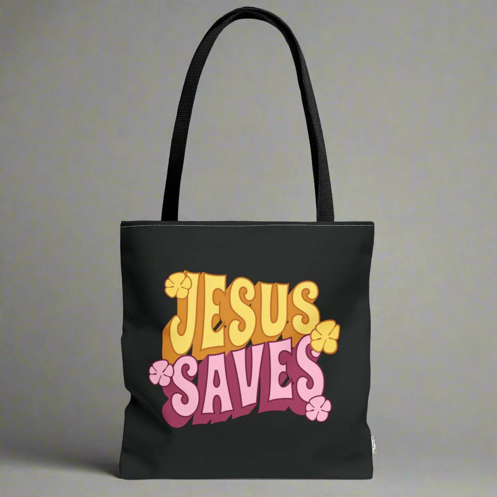 "Jesus Saves" Retro Christian Tote Bag - Stylish Eco-Friendly Shopper for Faithful Souls