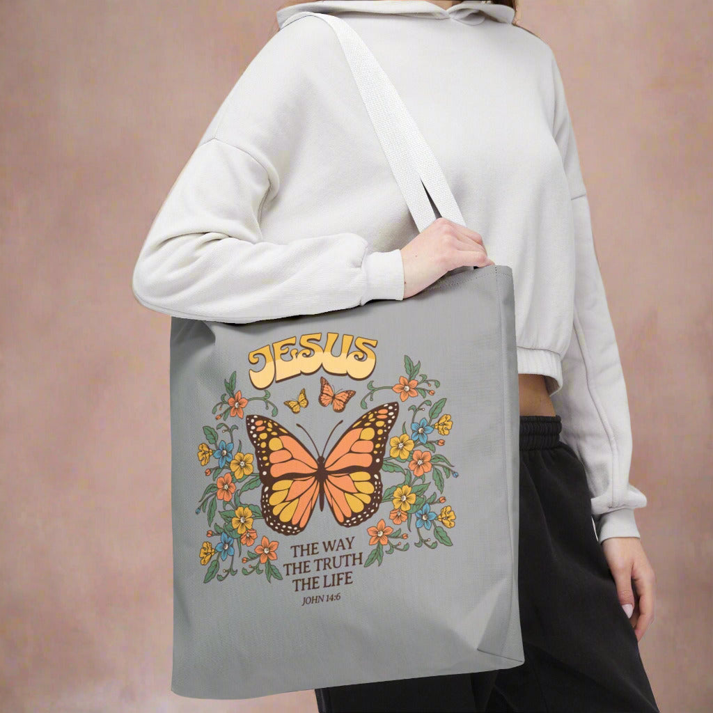 "Jesus: The Way, The Truth, The Life" Butterfly Christian Tote Bag - Faith-Inspired Eco-Friendly Carryall