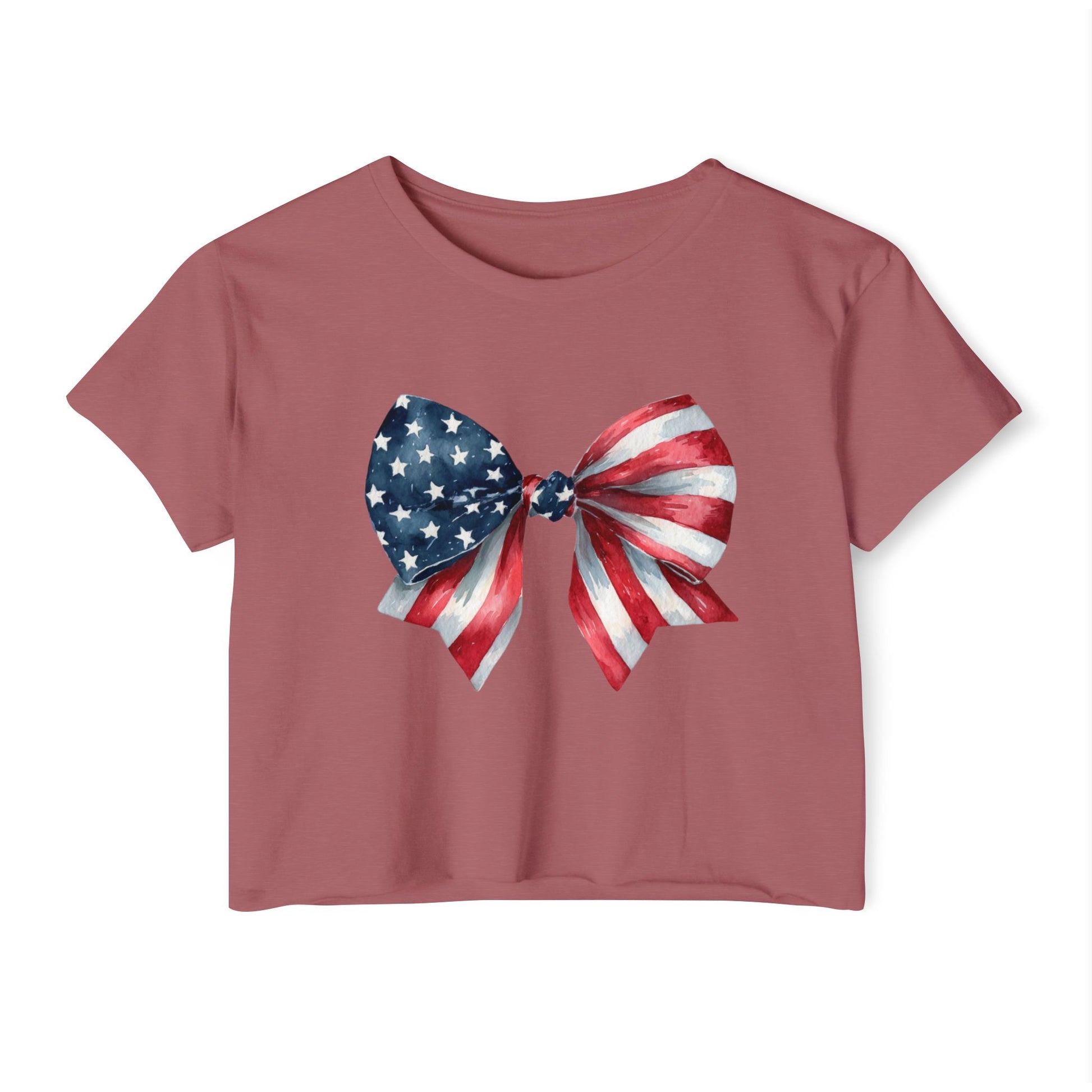 All-American Sweetheart Bow Crop 🎀 – Cute USA Flag Shirt for 4th of July Fun