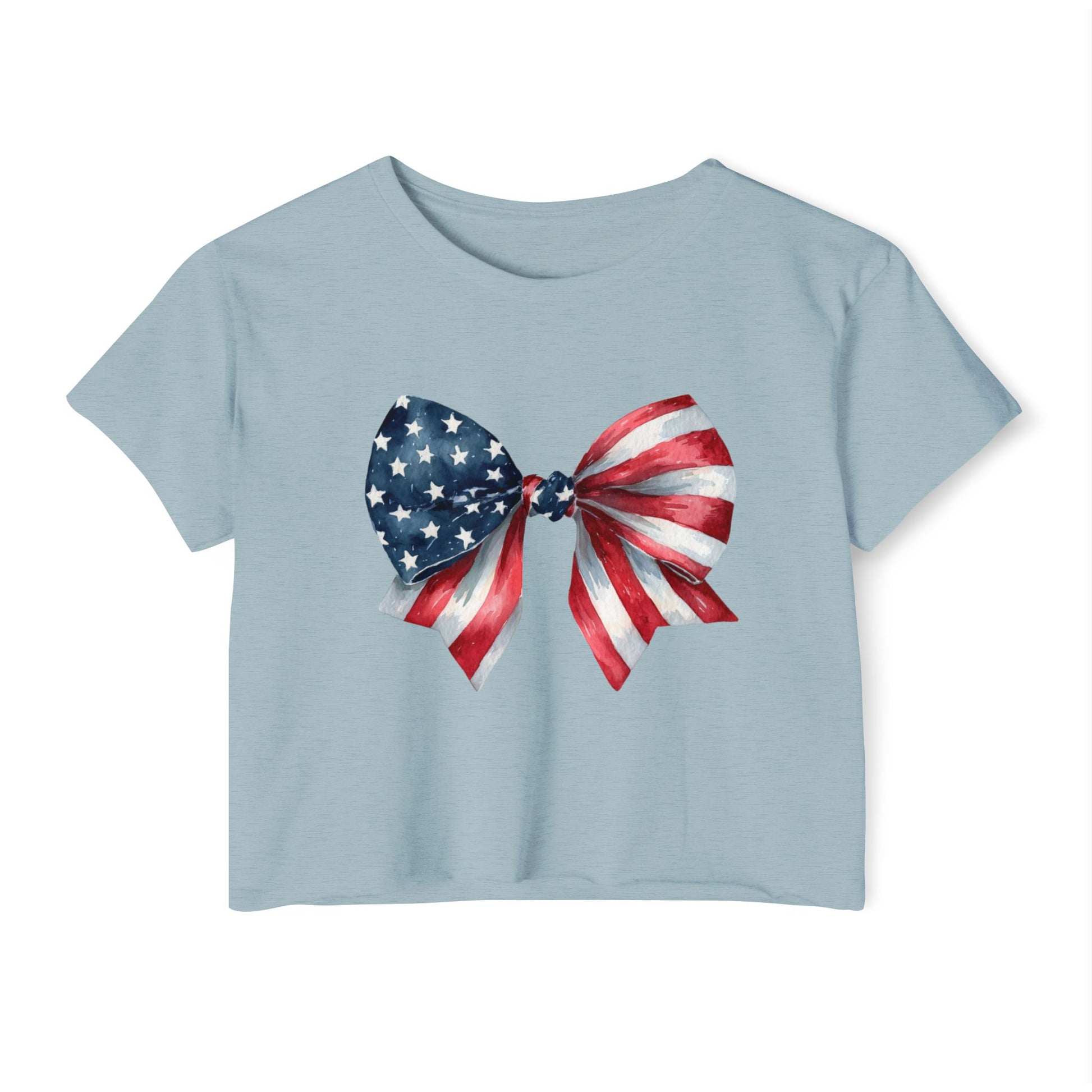 All-American Sweetheart Bow Crop 🎀 – Cute USA Flag Shirt for 4th of July Fun
