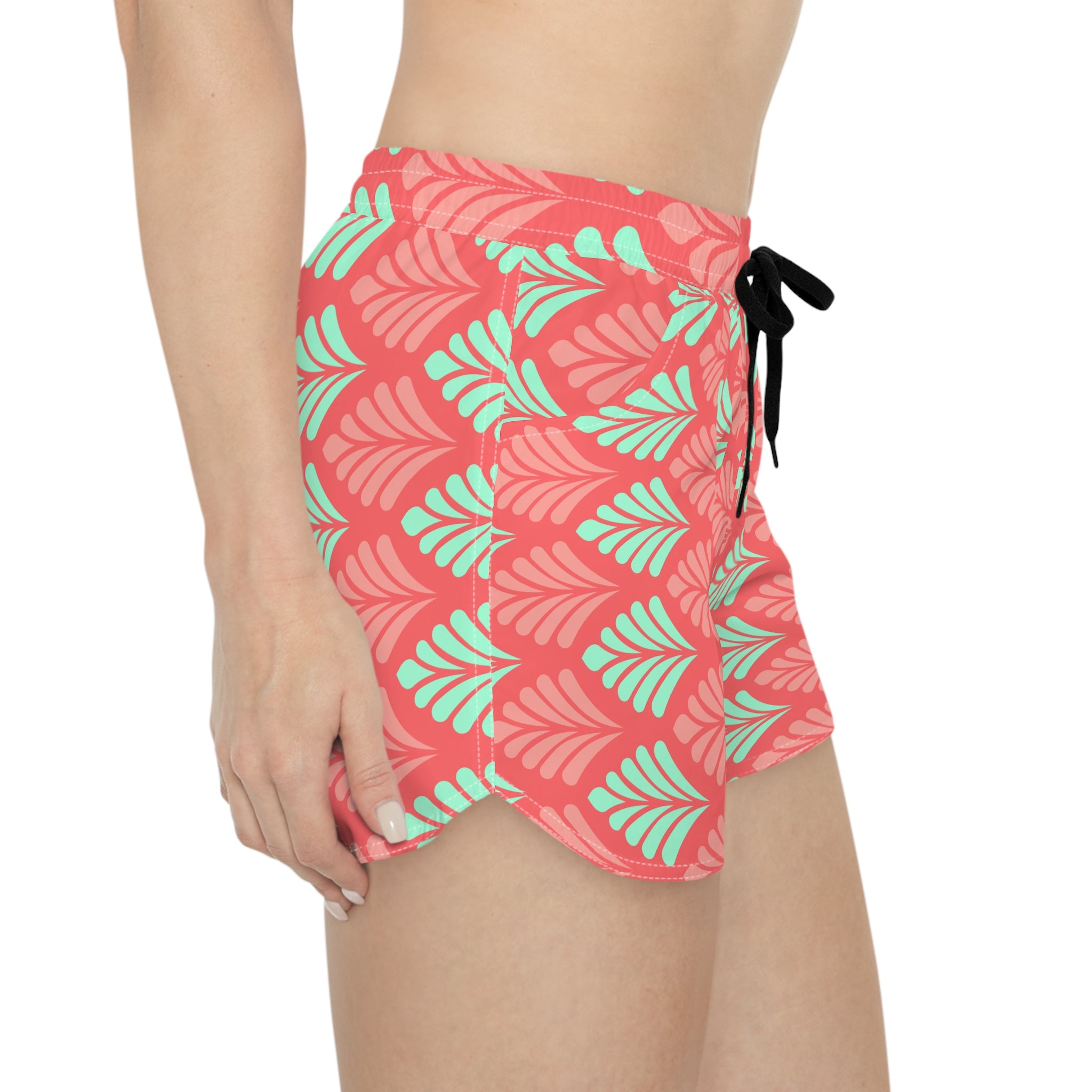 Coral Mint Leaf Pattern Women's Casual Shorts — Tropical Summer Lounge Shorts