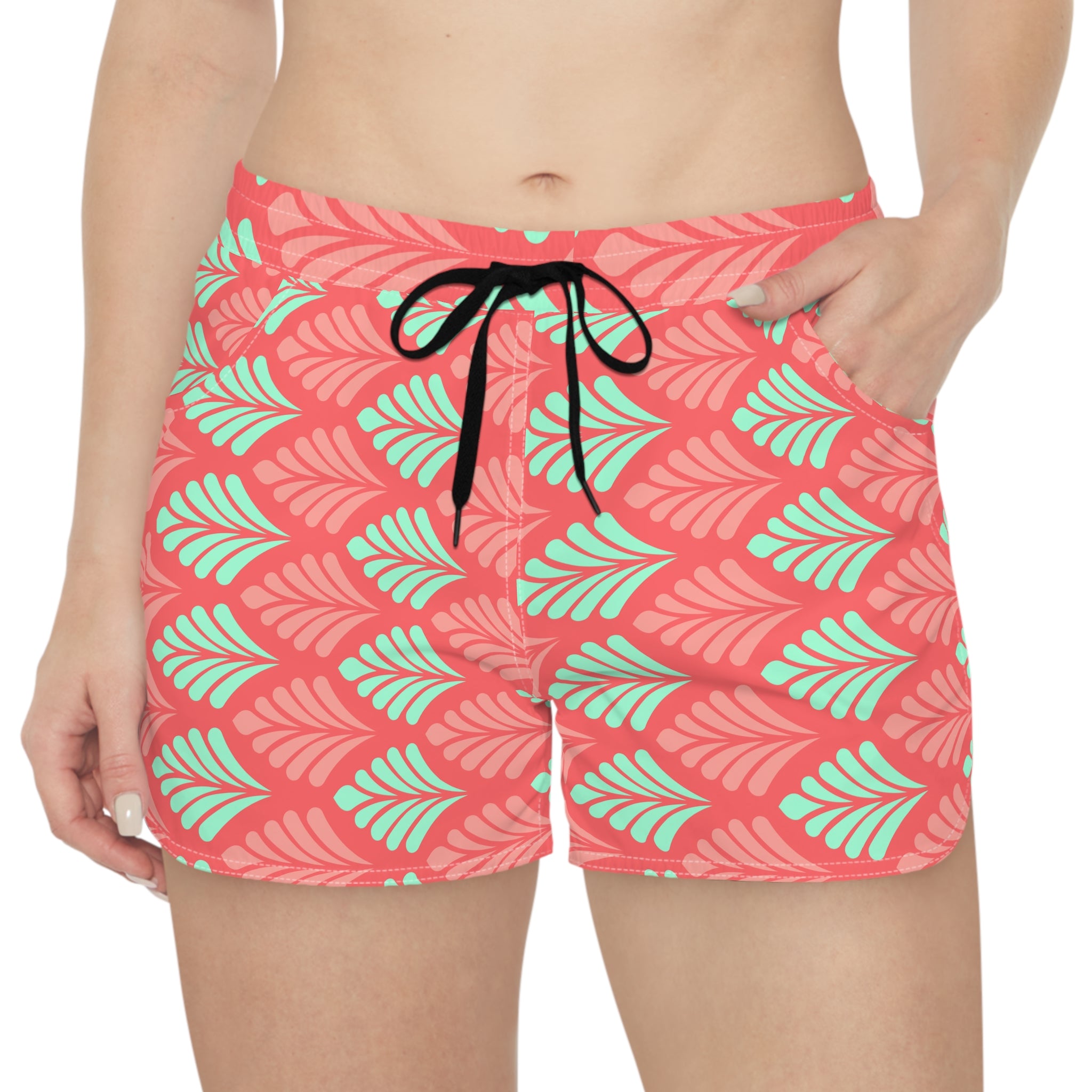 Coral Mint Leaf Pattern Women's Casual Shorts — Tropical Summer Lounge Shorts