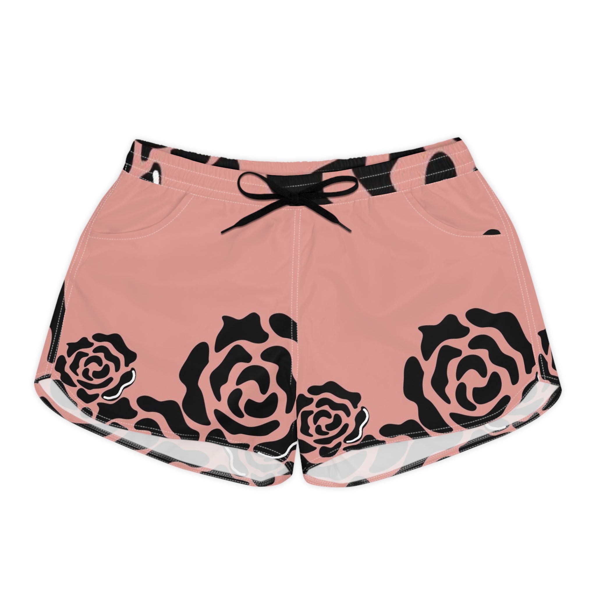 Rose Print Casual Shorts — Pink Black Floral Women’s Summer Shorts