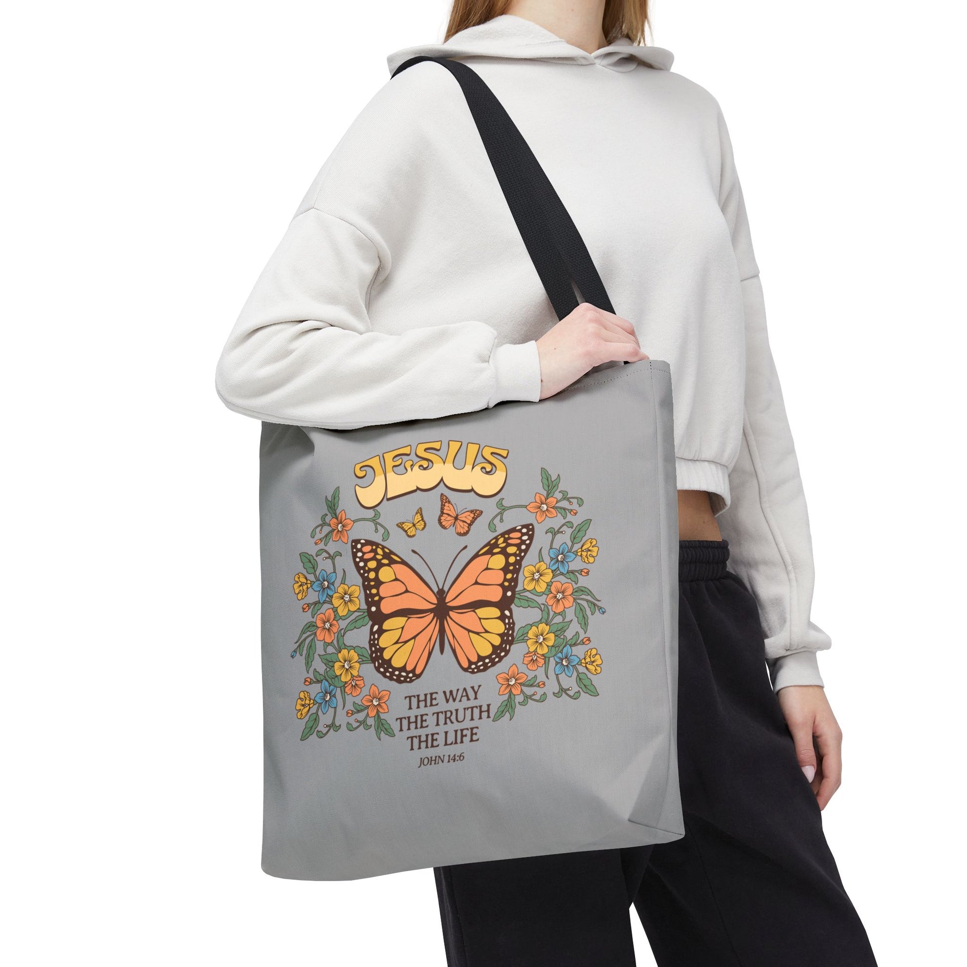"Jesus: The Way, The Truth, The Life" Butterfly Christian Tote Bag - Faith-Inspired Eco-Friendly Carryall