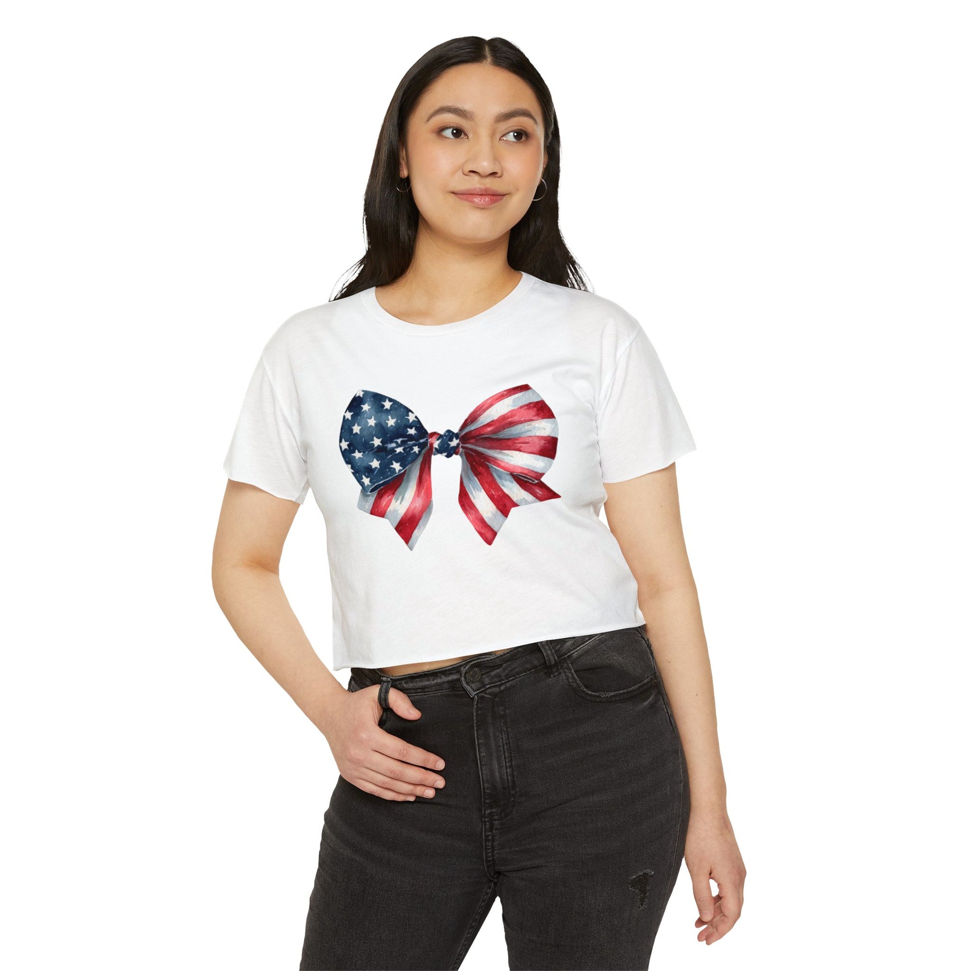 All-American Sweetheart Bow Crop 🎀 – Cute USA Flag Shirt for 4th of July Fun