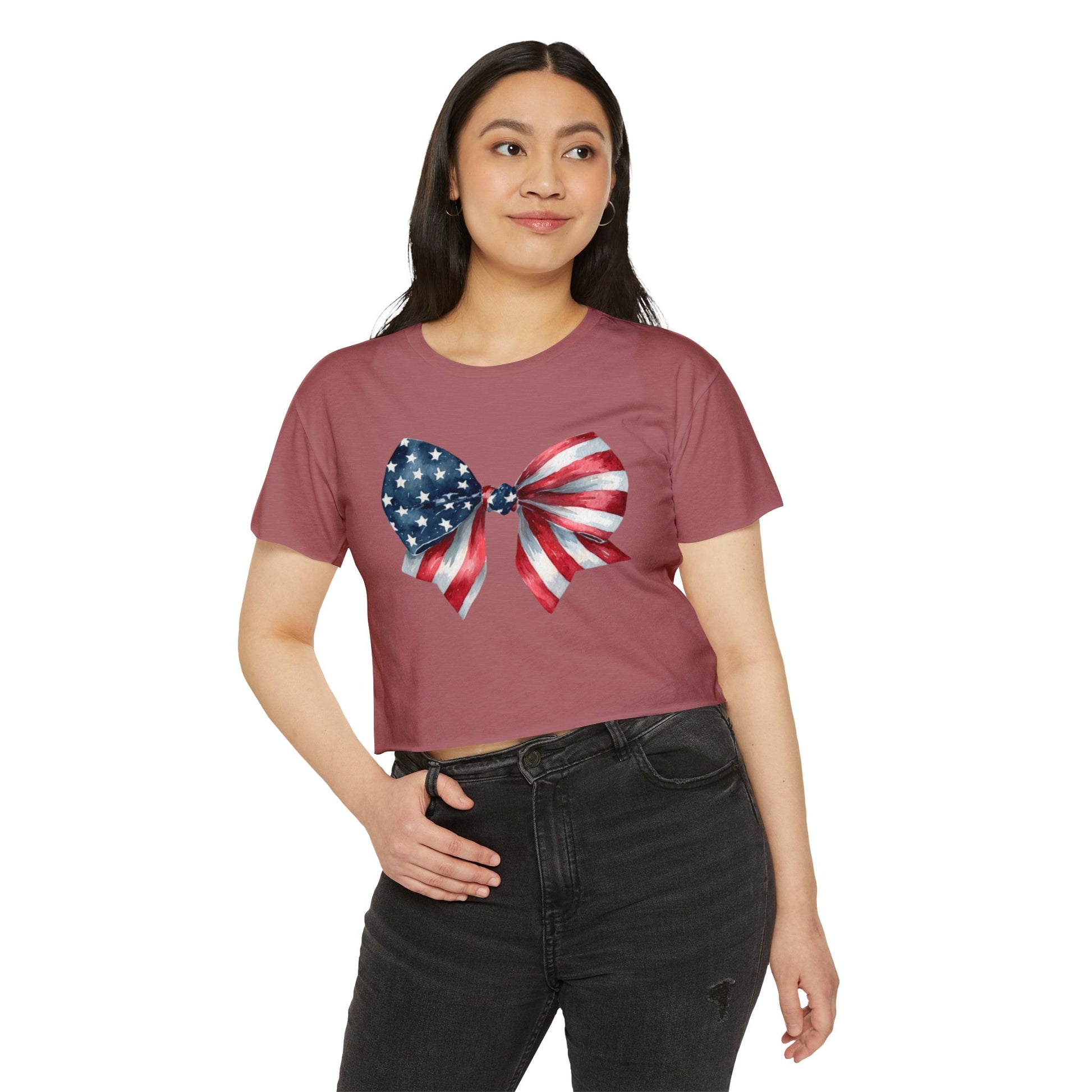 All-American Sweetheart Bow Crop 🎀 – Cute USA Flag Shirt for 4th of July Fun