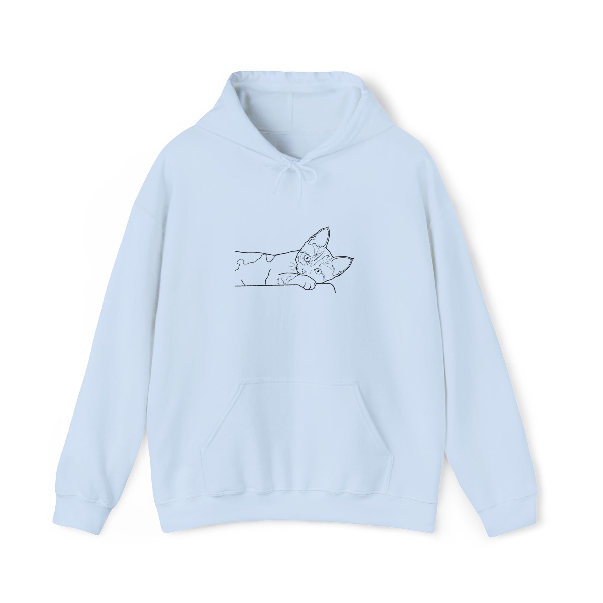 Light blue hoodie with a cat design on a white background