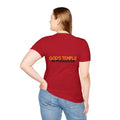 Person wearing a red t-shirt with 'God's Temple in Progress' text on the back, standing against a white background.
