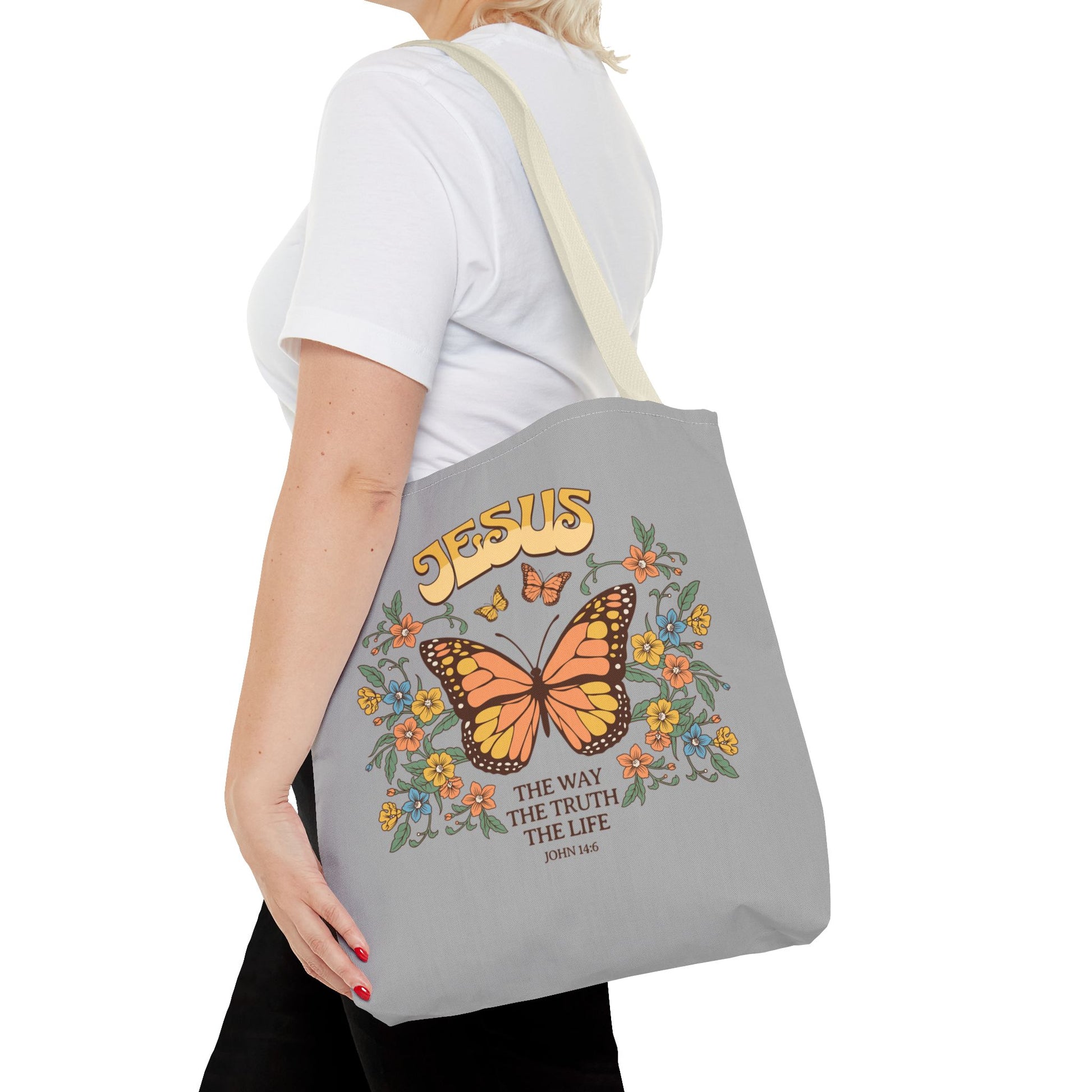 "Jesus: The Way, The Truth, The Life" Butterfly Christian Tote Bag - Faith-Inspired Eco-Friendly Carryall