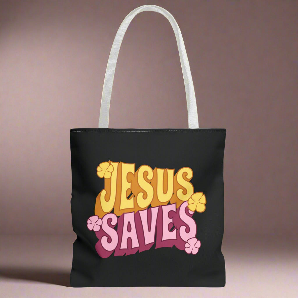 "Jesus Saves" Retro Christian Tote Bag - Stylish Eco-Friendly Shopper for Faithful Souls