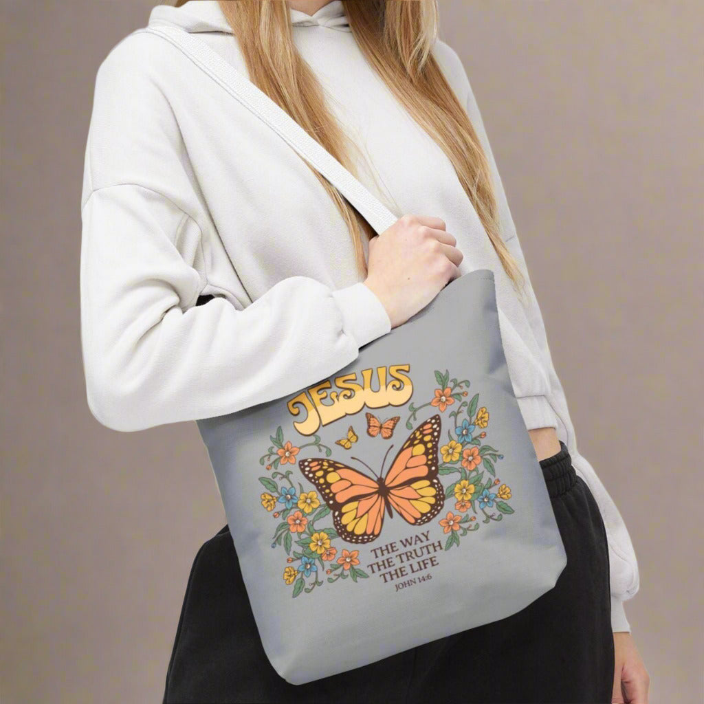 "Jesus: The Way, The Truth, The Life" Butterfly Christian Tote Bag - Faith-Inspired Eco-Friendly Carryall