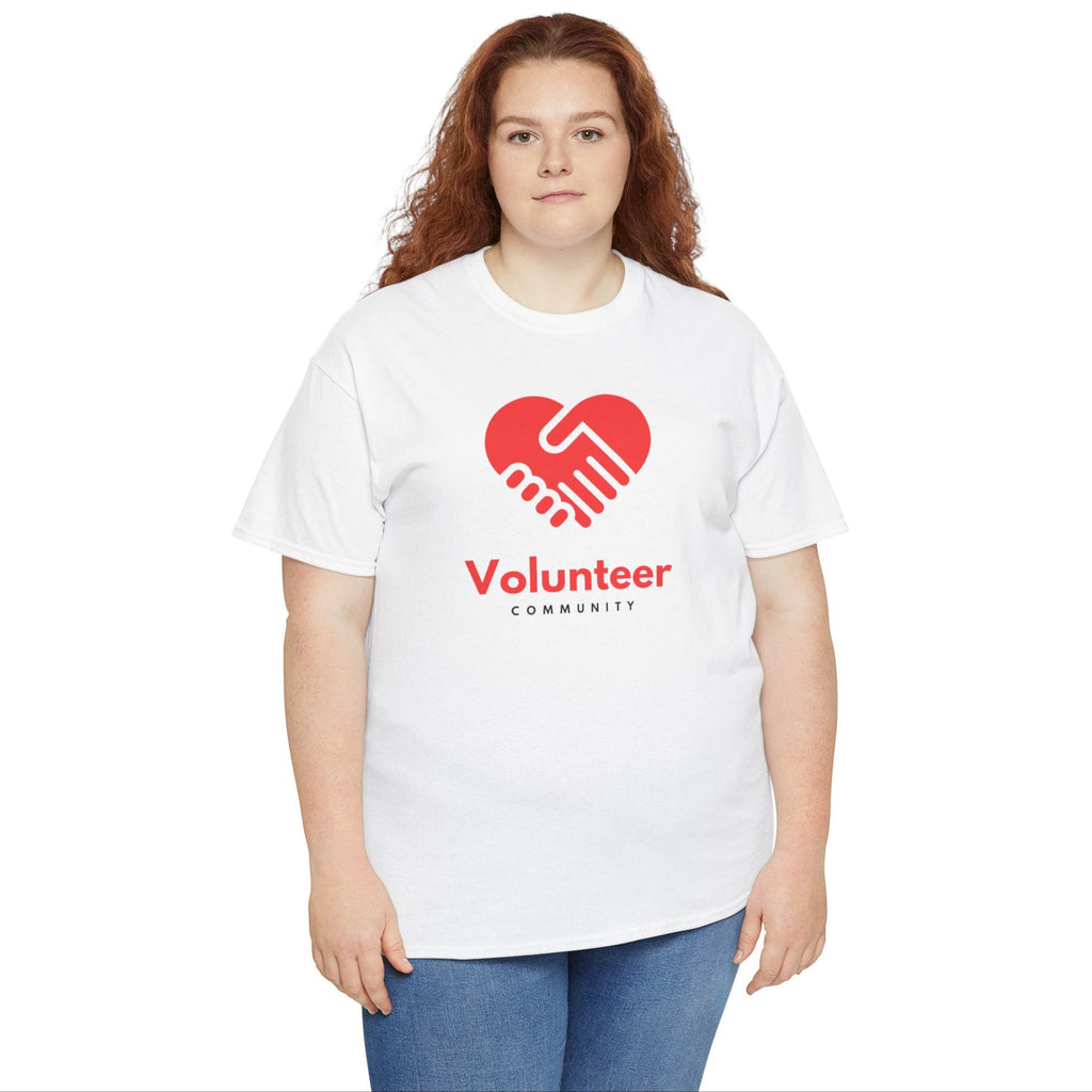 Person wearing a white t-shirt with a red heart and 'Volunteer Community' text on a white background