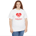Person wearing a white t-shirt with a red heart and 'Volunteer Community' text on a white background
