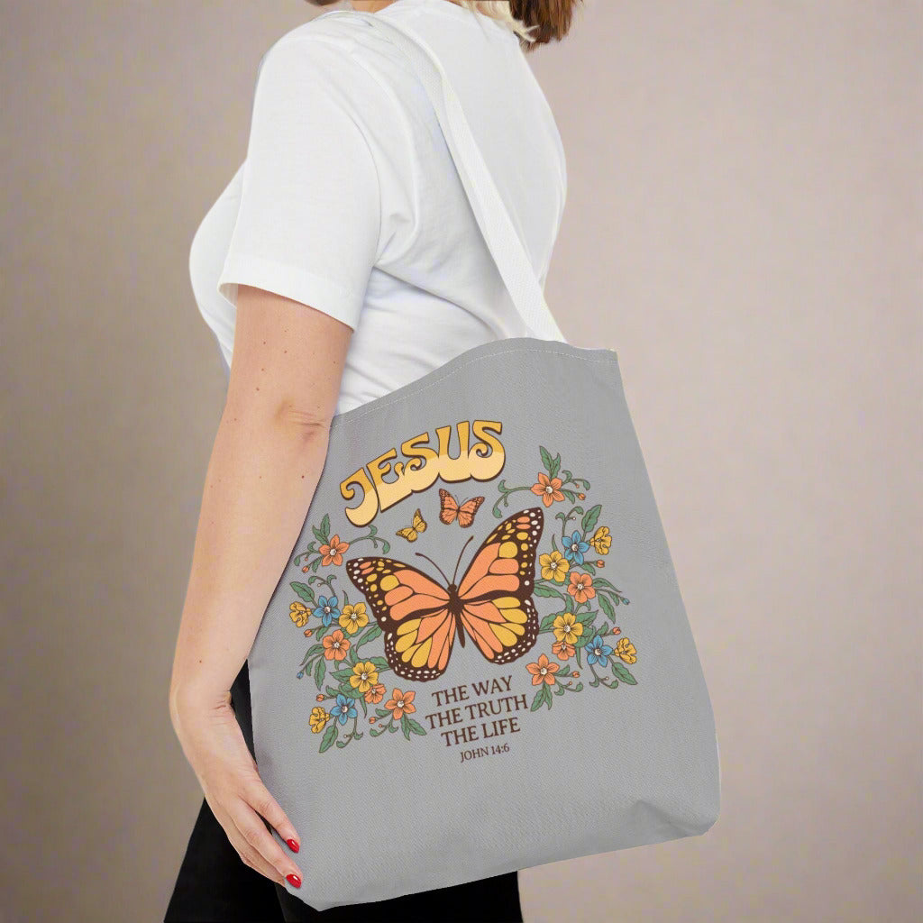 "Jesus: The Way, The Truth, The Life" Butterfly Christian Tote Bag - Faith-Inspired Eco-Friendly Carryall