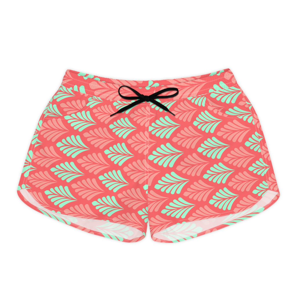 Coral Mint Leaf Pattern Women's Casual Shorts — Tropical Summer Lounge Shorts