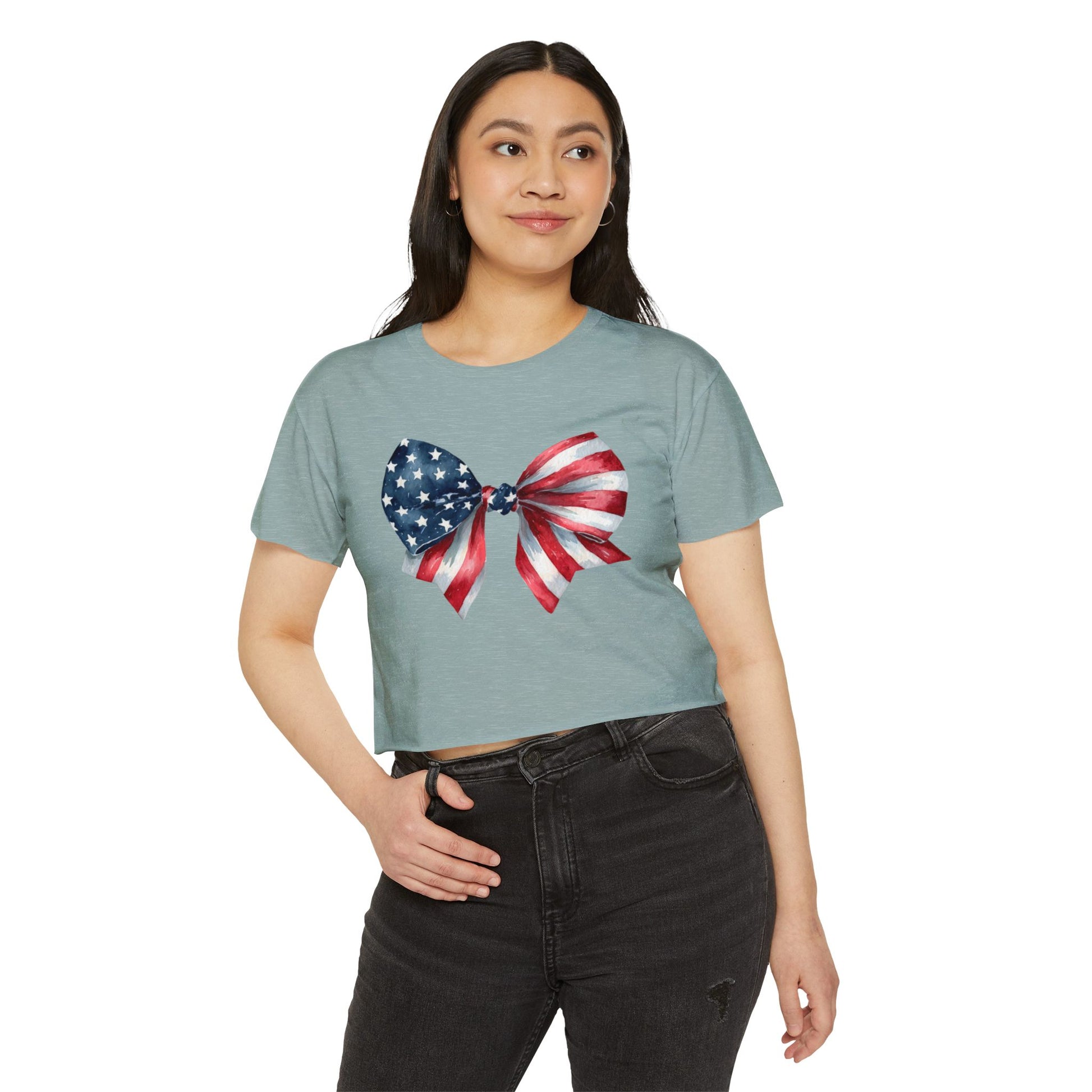 All-American Sweetheart Bow Crop 🎀 – Cute USA Flag Shirt for 4th of July Fun