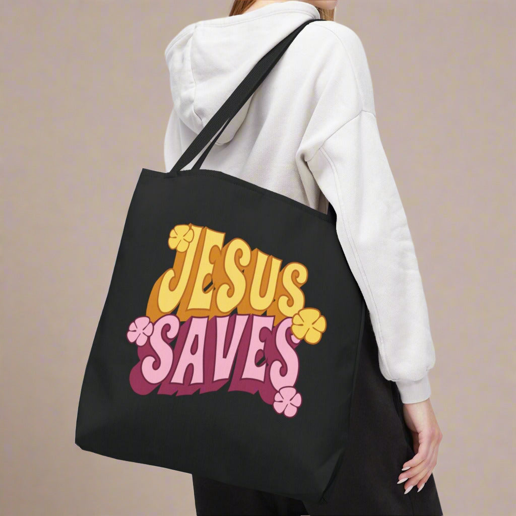 "Jesus Saves" Retro Christian Tote Bag - Stylish Eco-Friendly Shopper for Faithful Souls