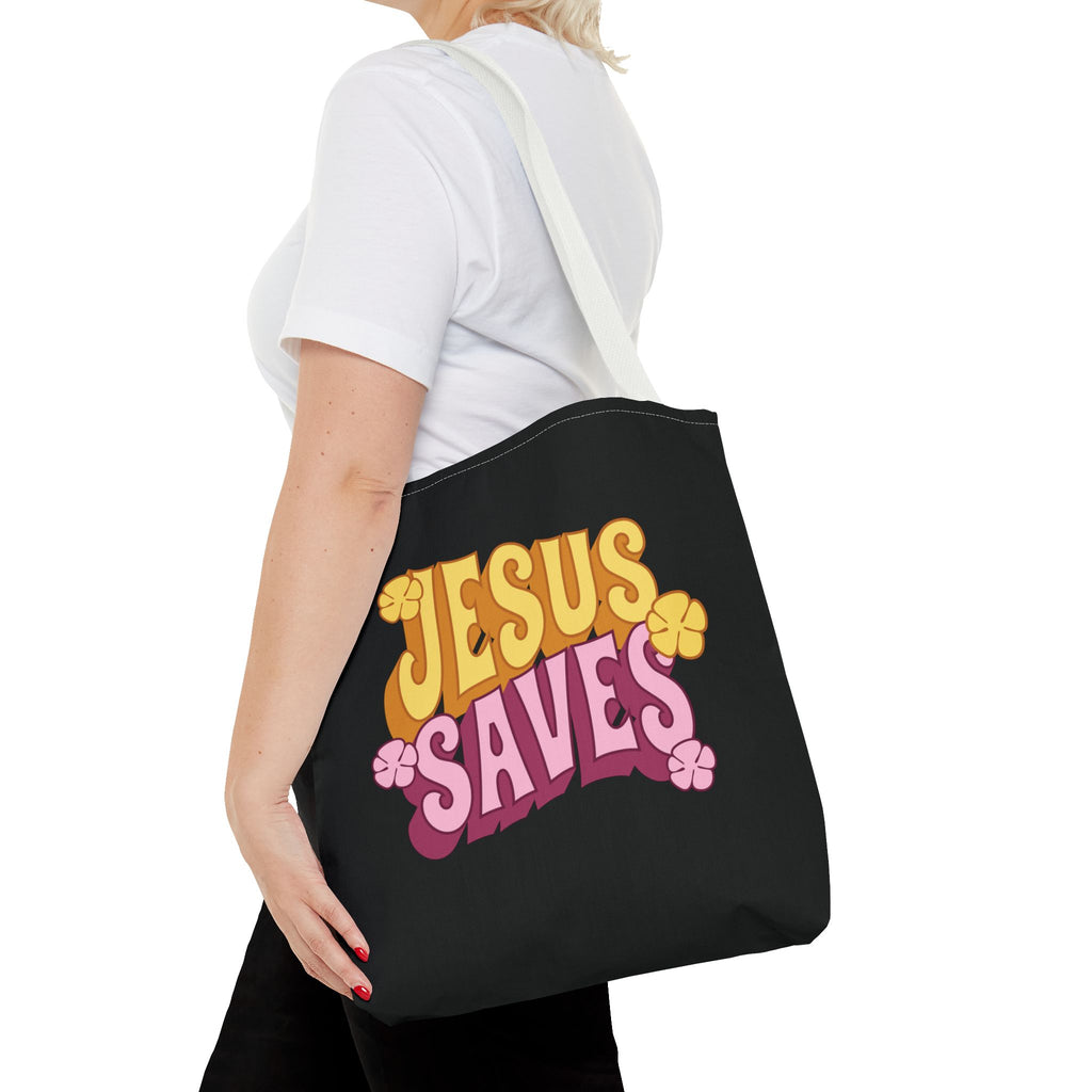 "Jesus Saves" Retro Christian Tote Bag - Stylish Eco-Friendly Shopper for Faithful Souls