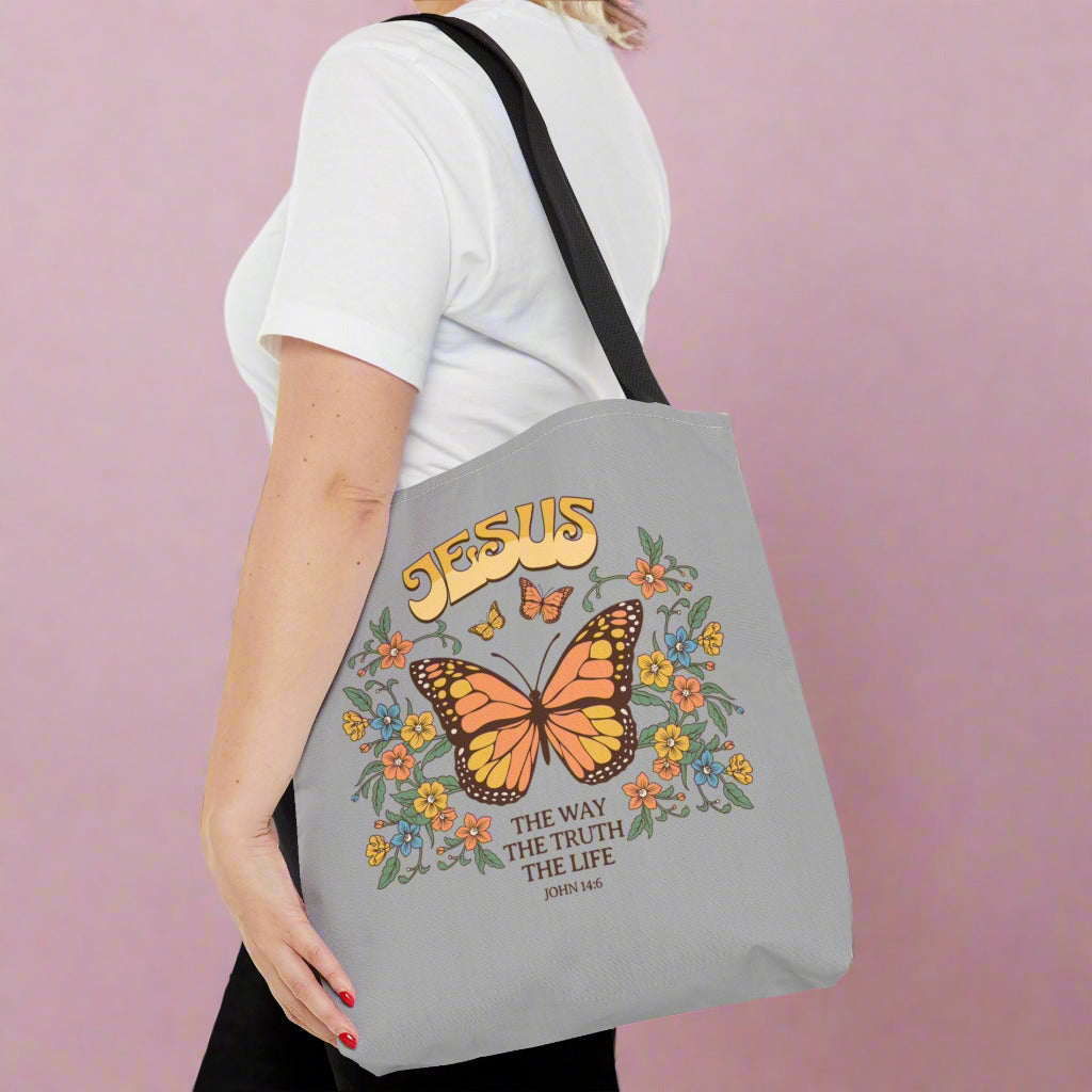 "Jesus: The Way, The Truth, The Life" Butterfly Christian Tote Bag - Faith-Inspired Eco-Friendly Carryall