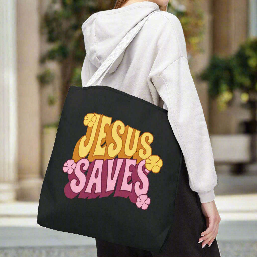 "Jesus Saves" Retro Christian Tote Bag - Stylish Eco-Friendly Shopper for Faithful Souls