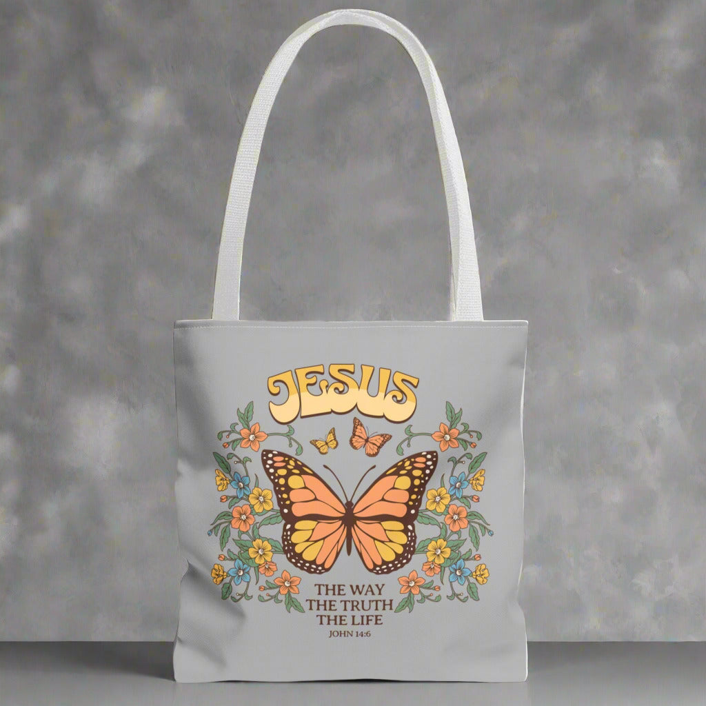 "Jesus: The Way, The Truth, The Life" Butterfly Christian Tote Bag - Faith-Inspired Eco-Friendly Carryall