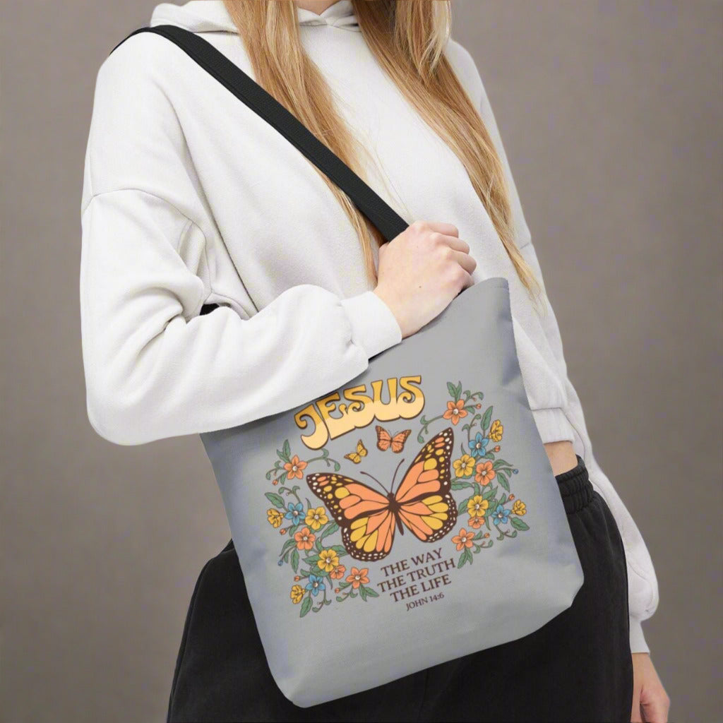 "Jesus: The Way, The Truth, The Life" Butterfly Christian Tote Bag - Faith-Inspired Eco-Friendly Carryall