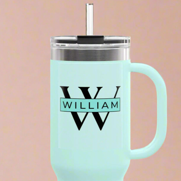 Personalized Custom Tumbler with Initials, Handle & Straw  40oz