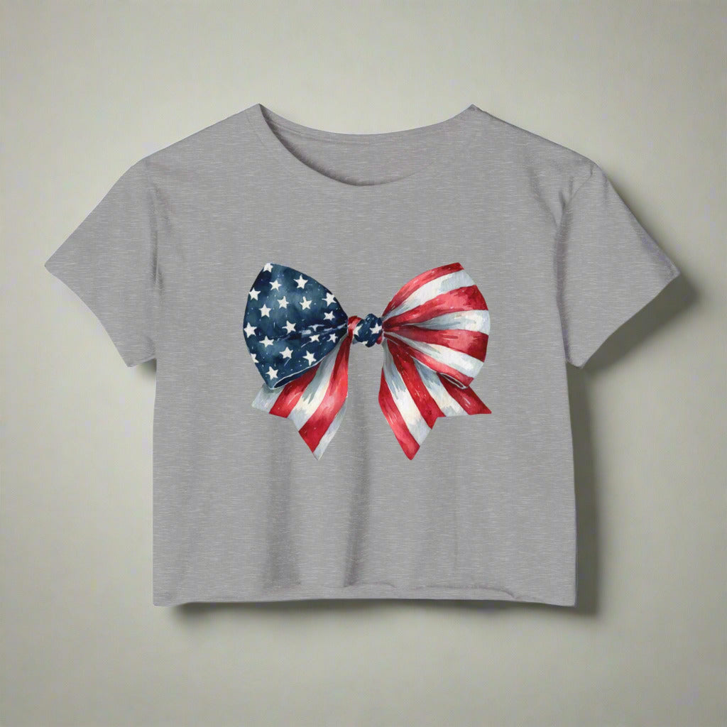 All-American Sweetheart Bow Crop 🎀 – Cute USA Flag Shirt for 4th of July Fun