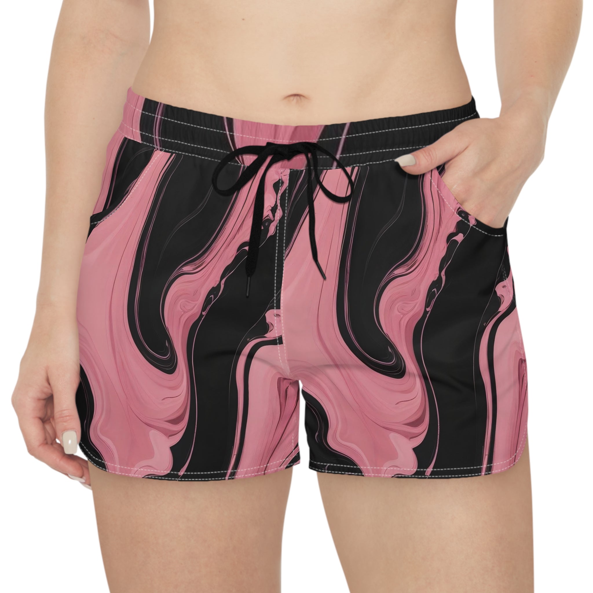 Pink & Black Marble Surf Shorts- Women's Casual Beach/Workout Shorts