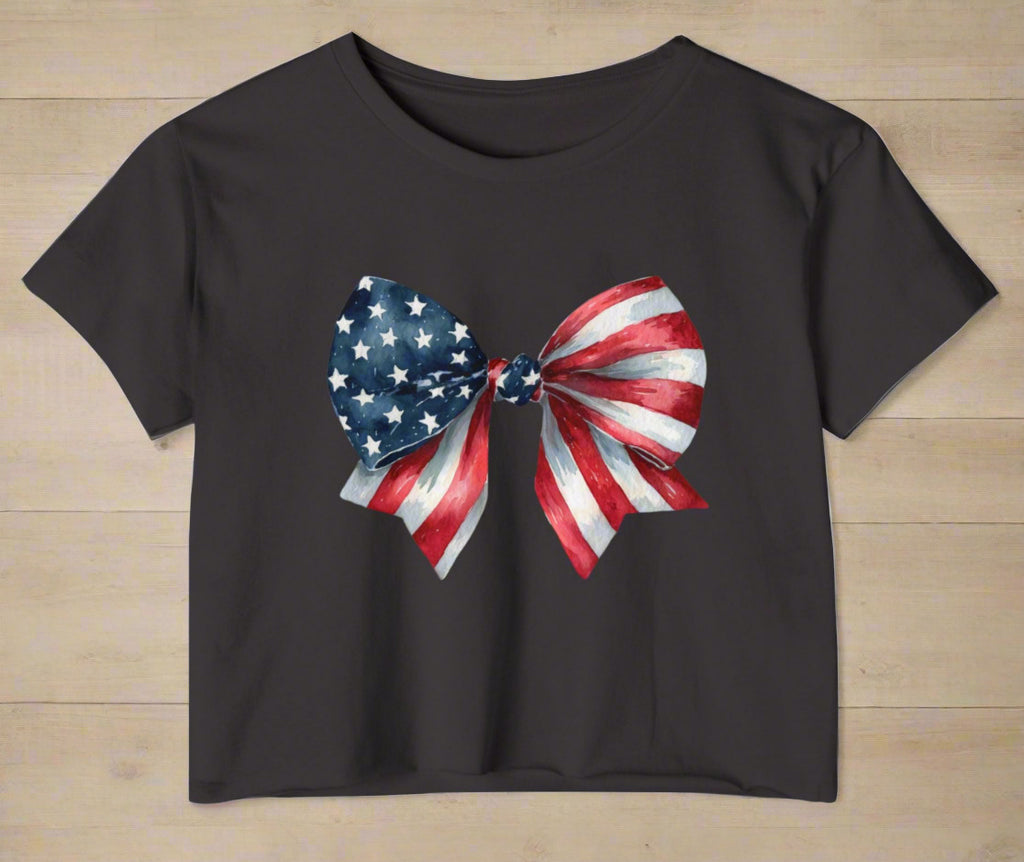 All-American Sweetheart Bow Crop 🎀 – Cute USA Flag Shirt for 4th of July Fun