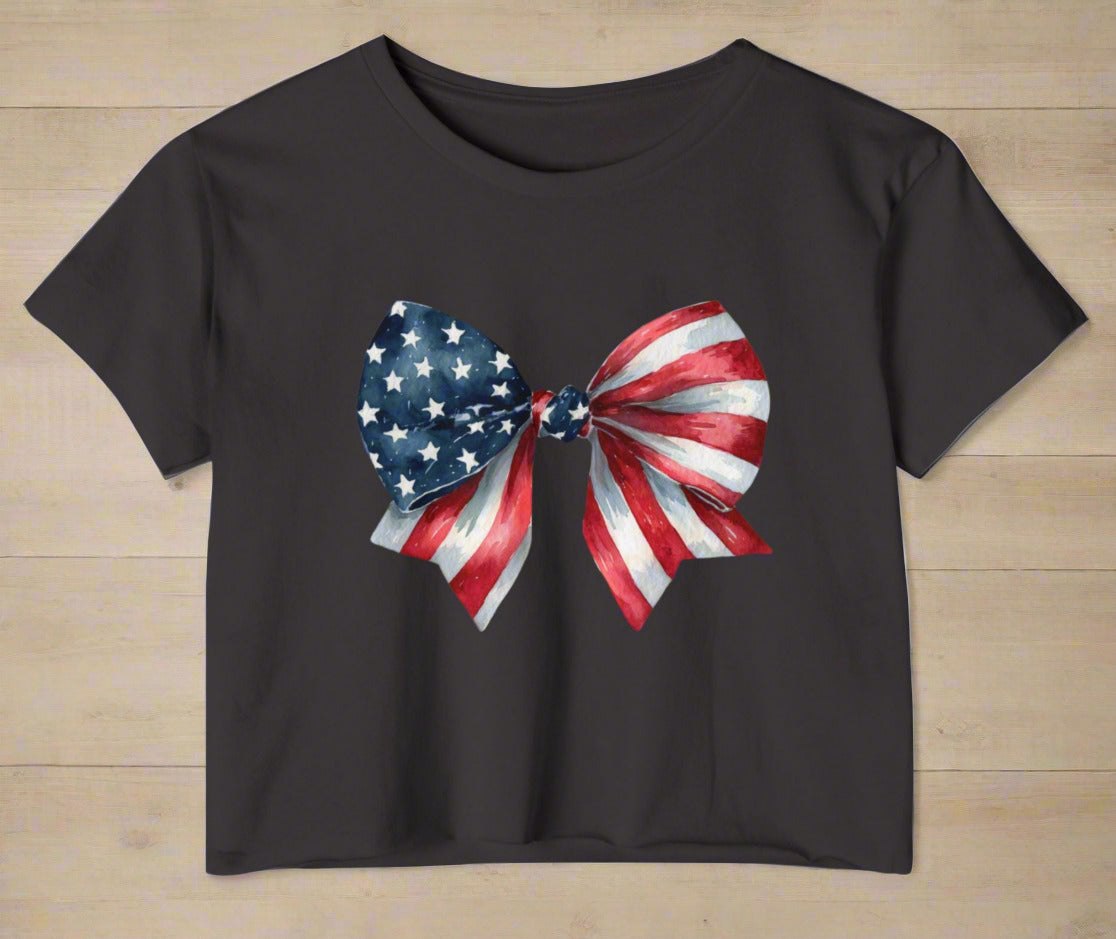 All-American Sweetheart Bow Crop 🎀 – Cute USA Flag Shirt for 4th of July Fun