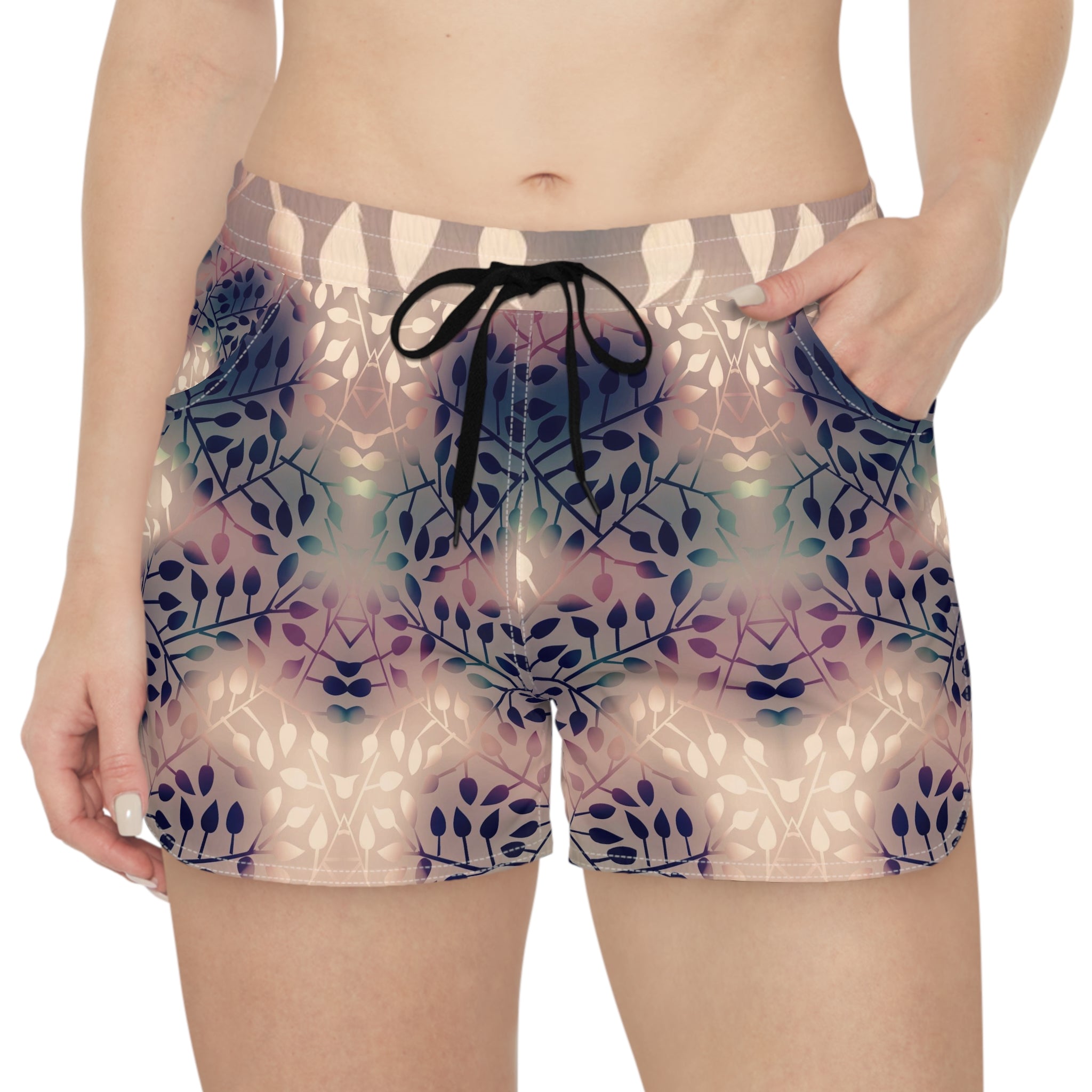 Twilight Garden Women’s Board Shorts-Soft Leaf Print Swim & Surf Shorts