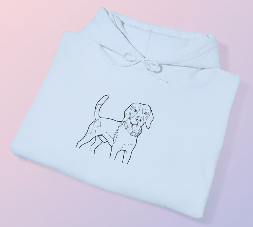 Light blue hoodie with a dog illustration on a pastel background