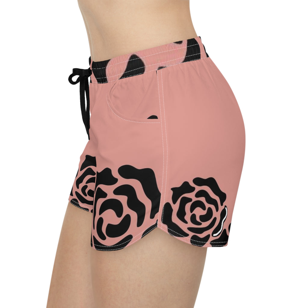 Rose Print Casual Shorts — Pink Black Floral Women’s Summer Shorts