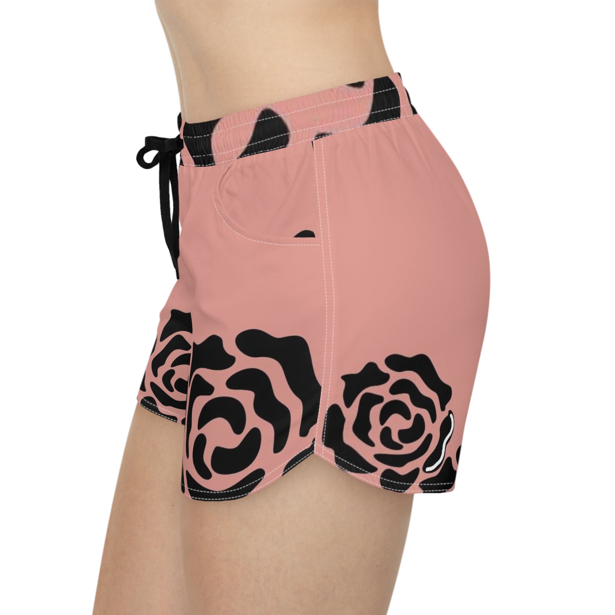 Rose Print Casual Shorts — Pink Black Floral Women’s Summer Shorts