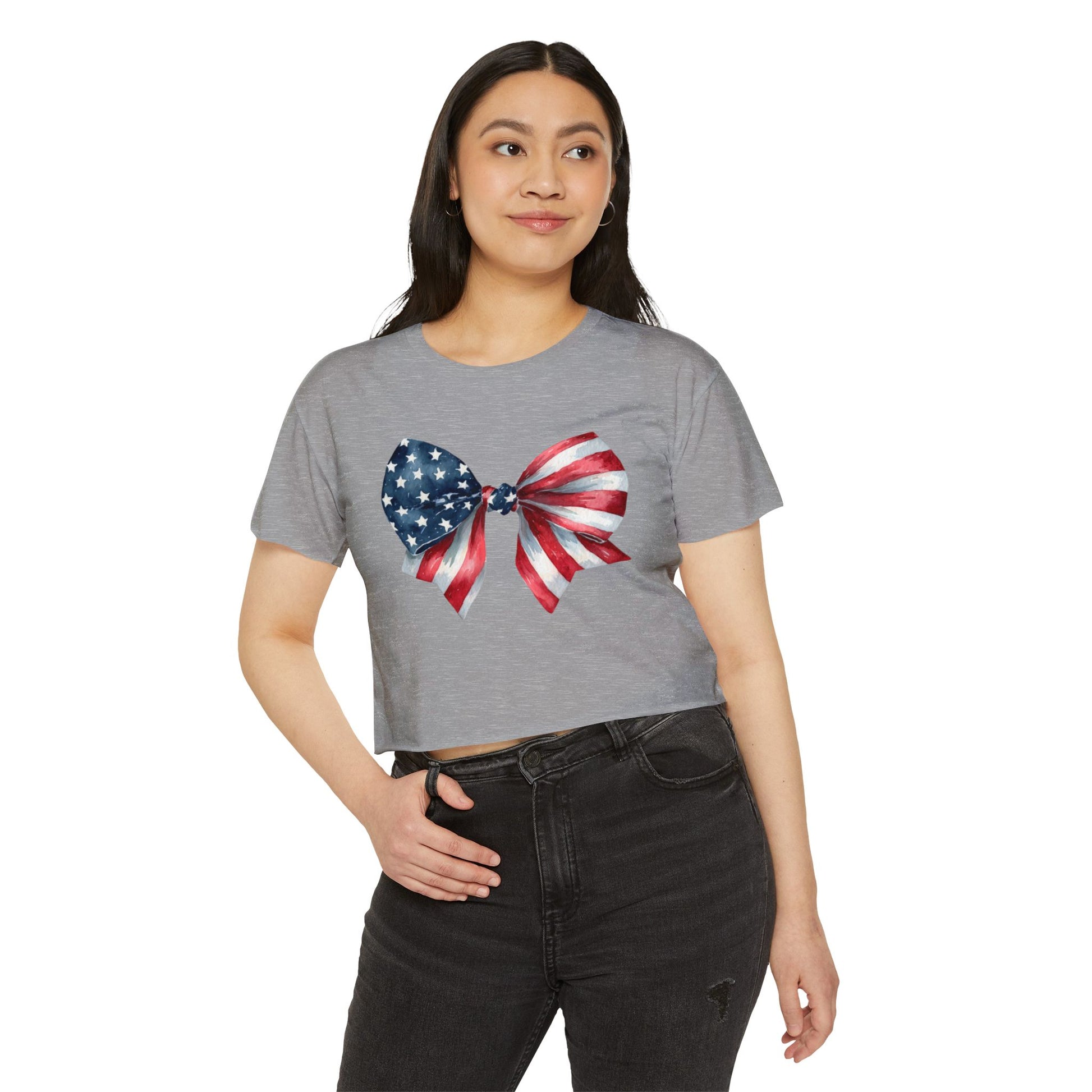 All-American Sweetheart Bow Crop 🎀 – Cute USA Flag Shirt for 4th of July Fun