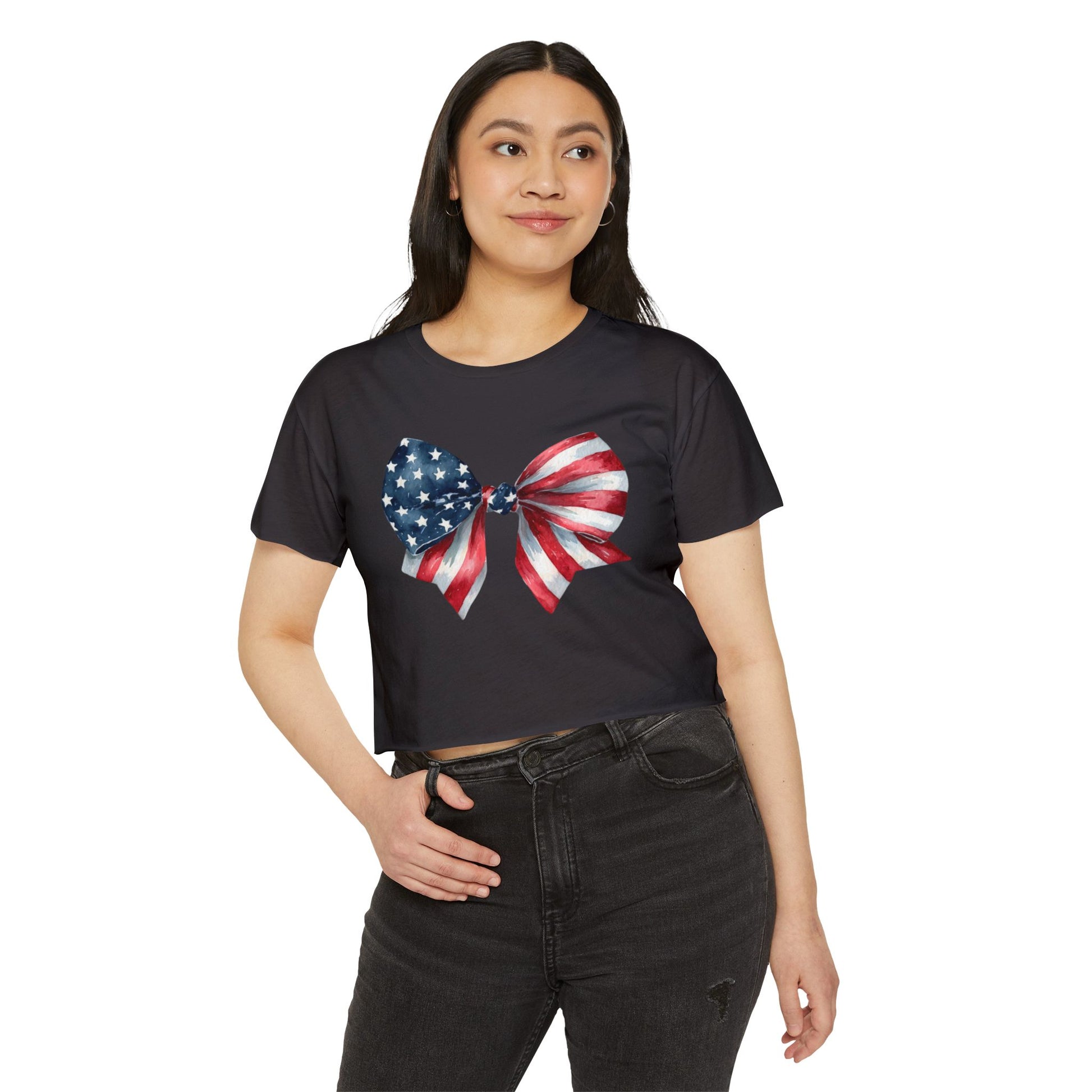 All-American Sweetheart Bow Crop 🎀 – Cute USA Flag Shirt for 4th of July Fun