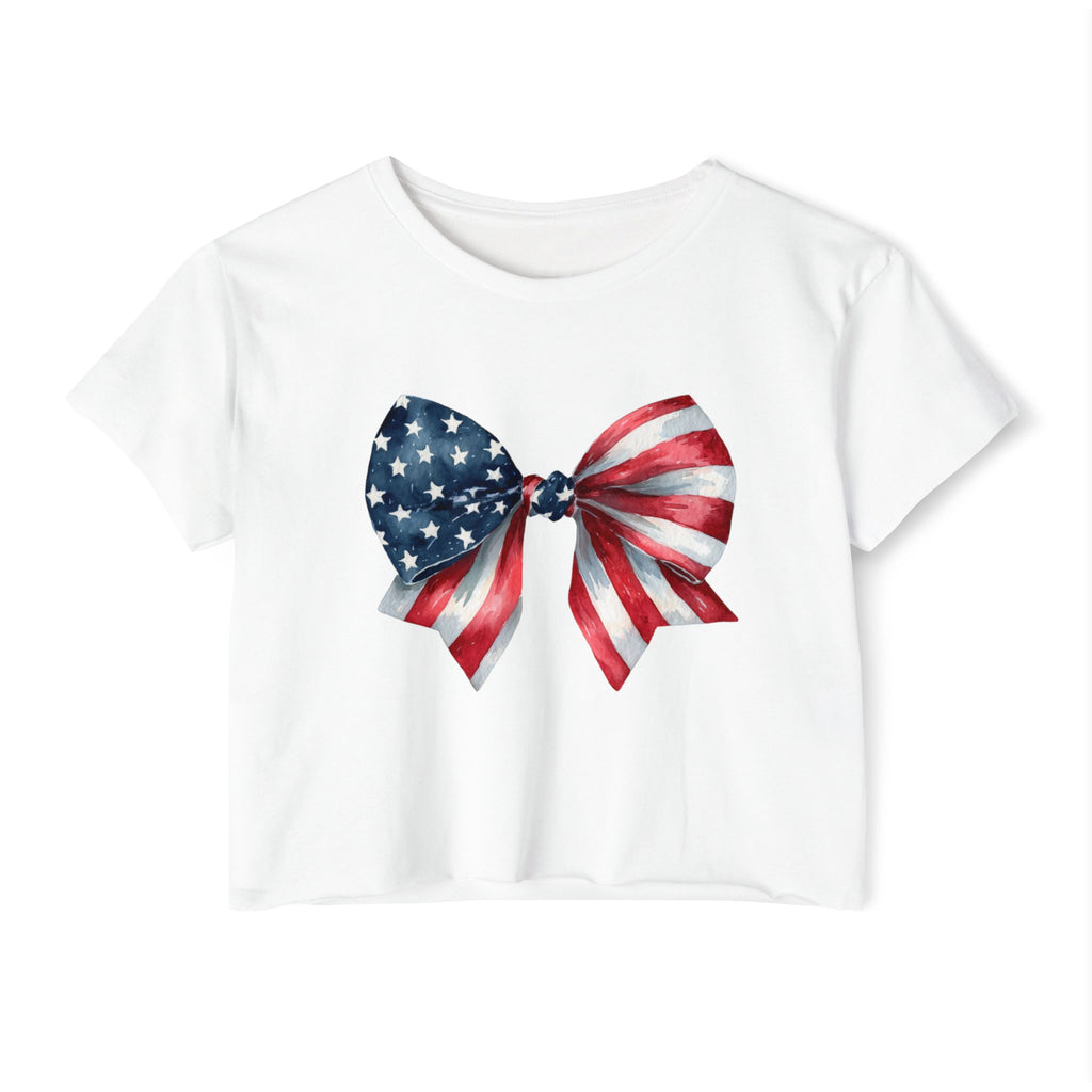 All-American Sweetheart Bow Crop 🎀 – Cute USA Flag Shirt for 4th of July Fun