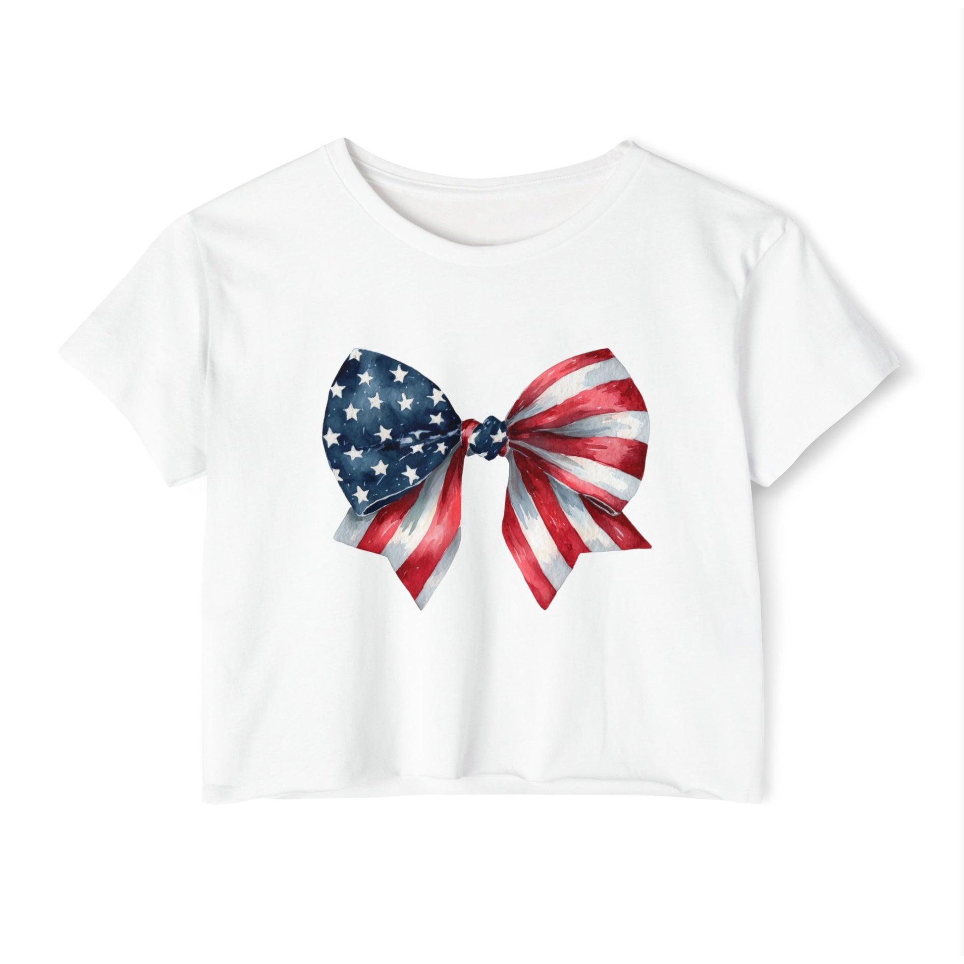 All-American Sweetheart Bow Crop 🎀 – Cute USA Flag Shirt for 4th of July Fun