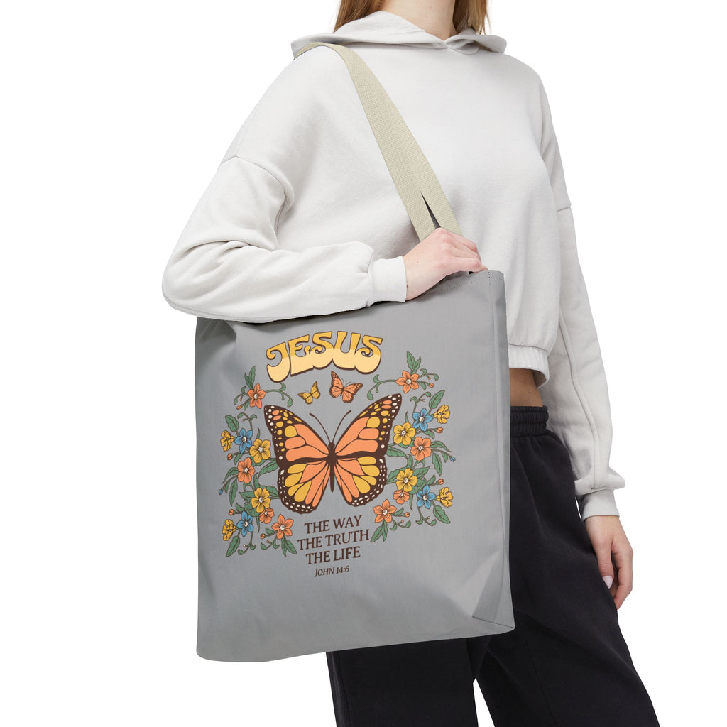 "Jesus: The Way, The Truth, The Life" Butterfly Christian Tote Bag - Faith-Inspired Eco-Friendly Carryall