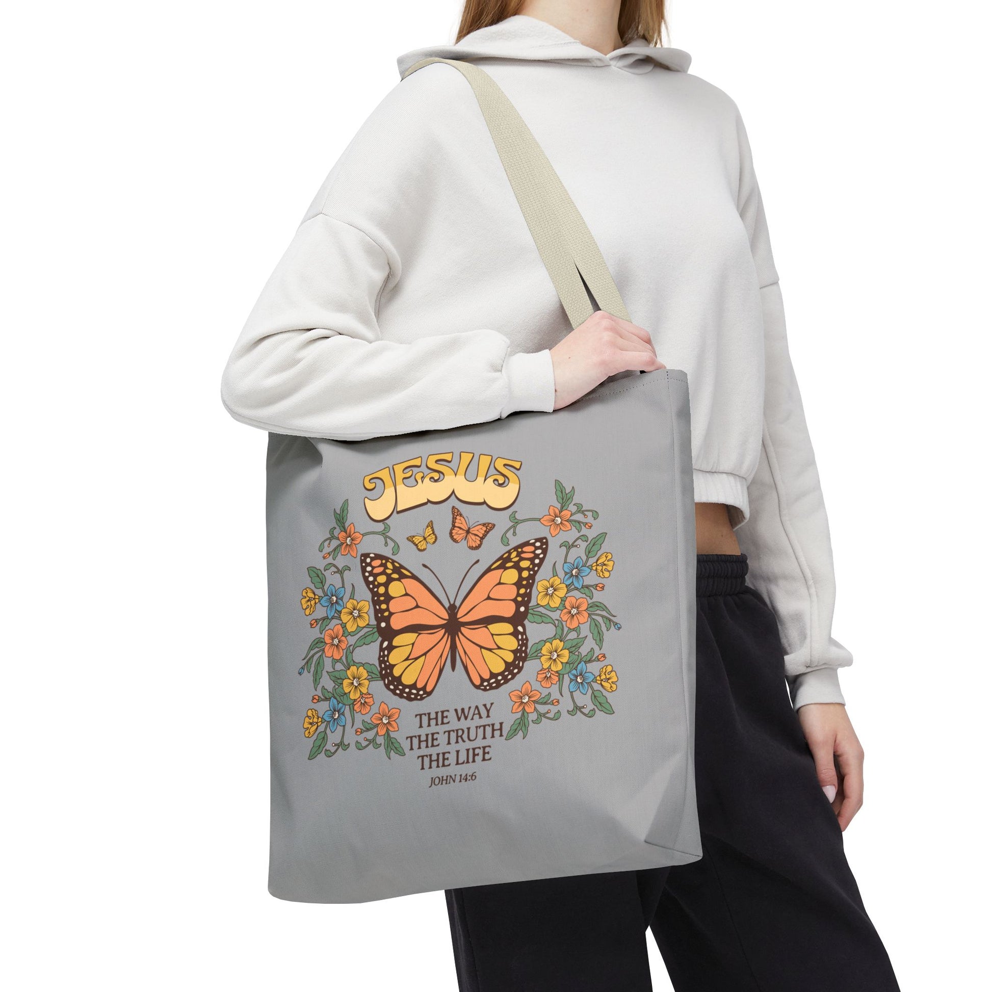 "Jesus: The Way, The Truth, The Life" Butterfly Christian Tote Bag - Faith-Inspired Eco-Friendly Carryall