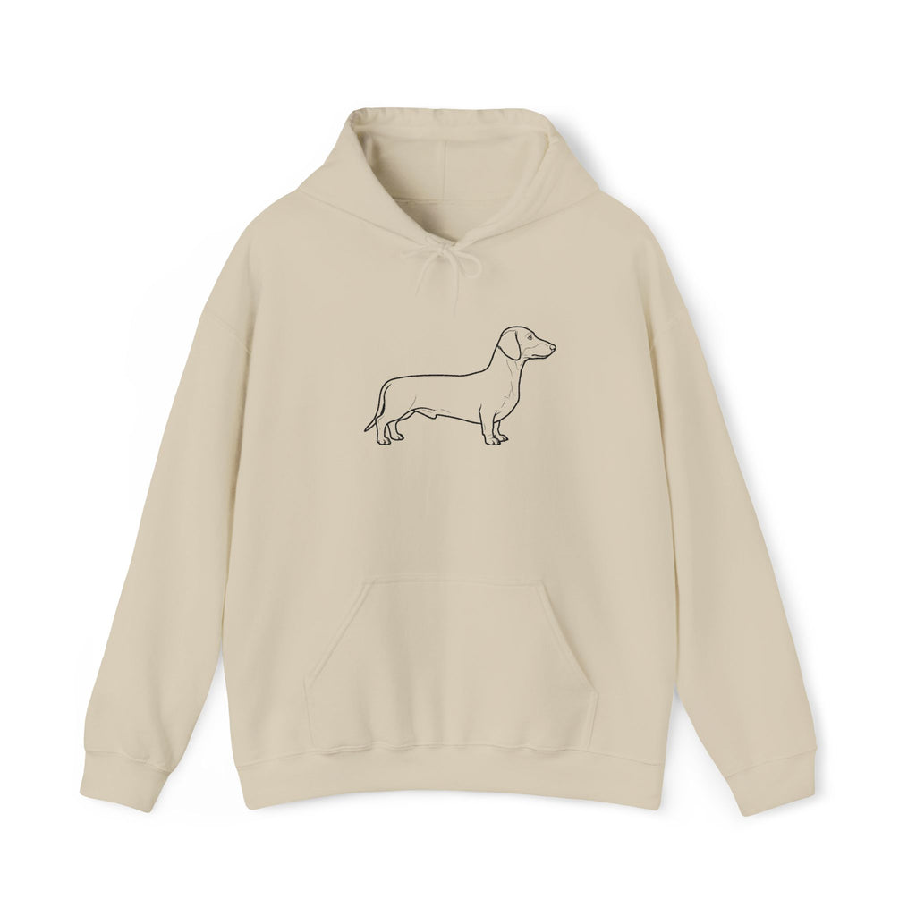 Beige hoodie with a dachshund outline on a white background