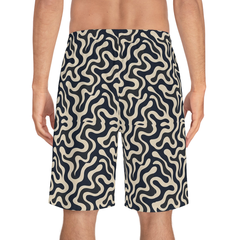 Men's Board Shorts — Retro Organic Wave Pattern Swim Trunks