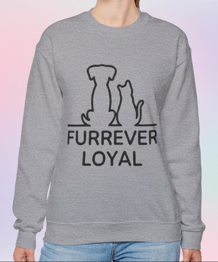 Person wearing a gray sweatshirt with 'FURREVER LOYAL' text with dog and cat graphics on a pastel background
