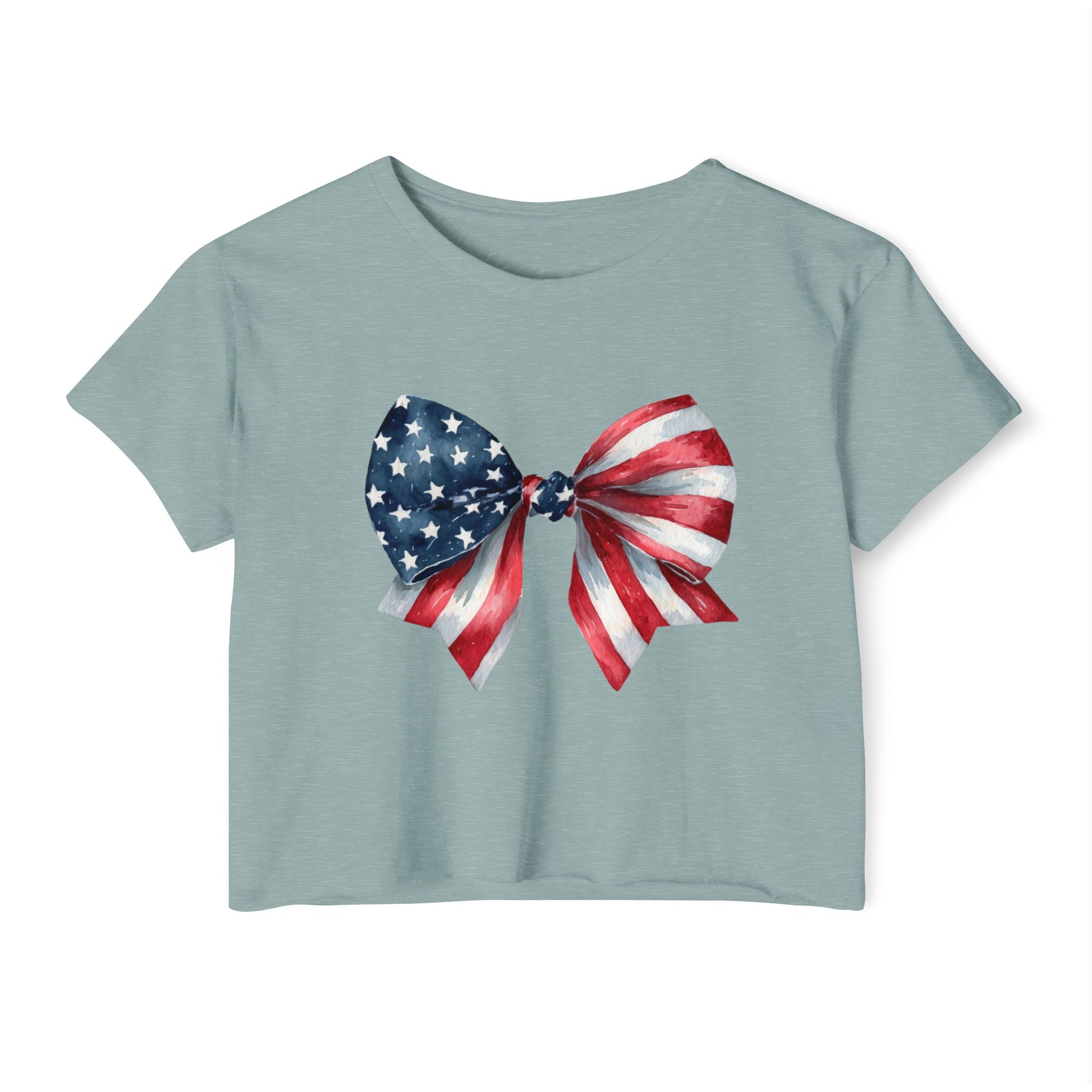 All-American Sweetheart Bow Crop 🎀 – Cute USA Flag Shirt for 4th of July Fun